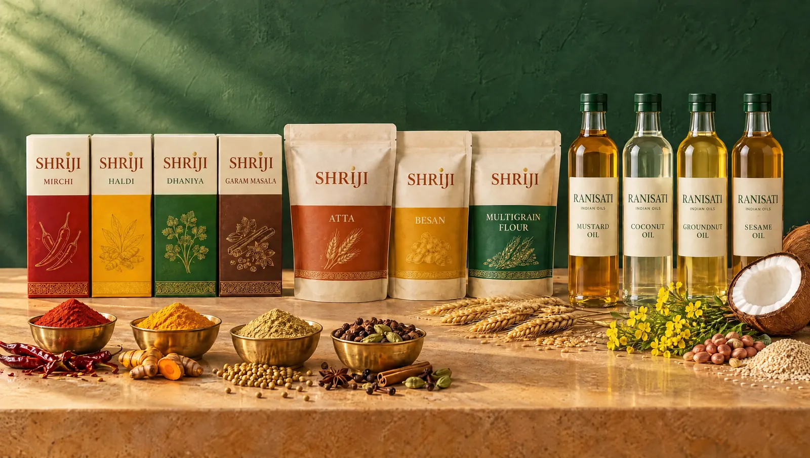 Concept packs of the full family on one sandstone table: SHRIJI Mirchi, Haldi, Dhaniya, Garam Masala, Atta, Besan and Multigrain Flour beside RANISATI Mustard, Coconut, Groundnut and Sesame Oil.