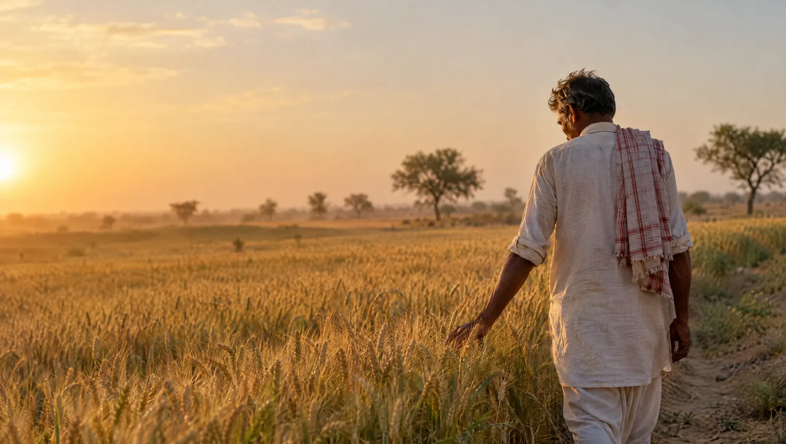 A farmer walking along the edge of a ripening wheat field at golden hour.