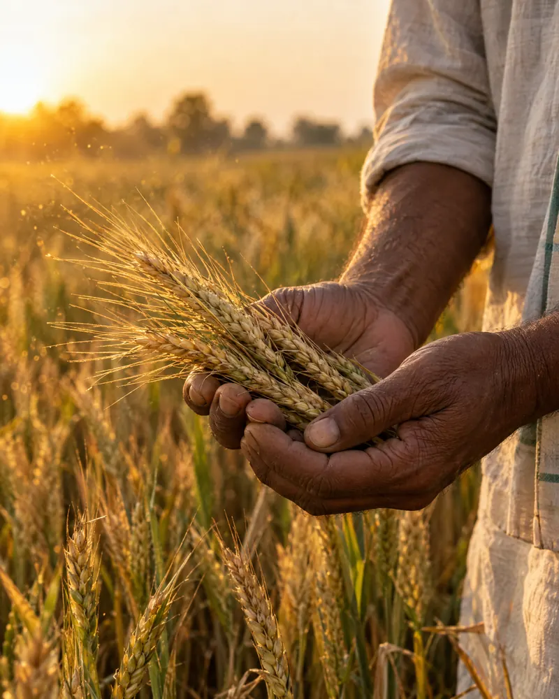 A farmer&rsquo;s hands holding freshly cut wheat ears in a golden field.