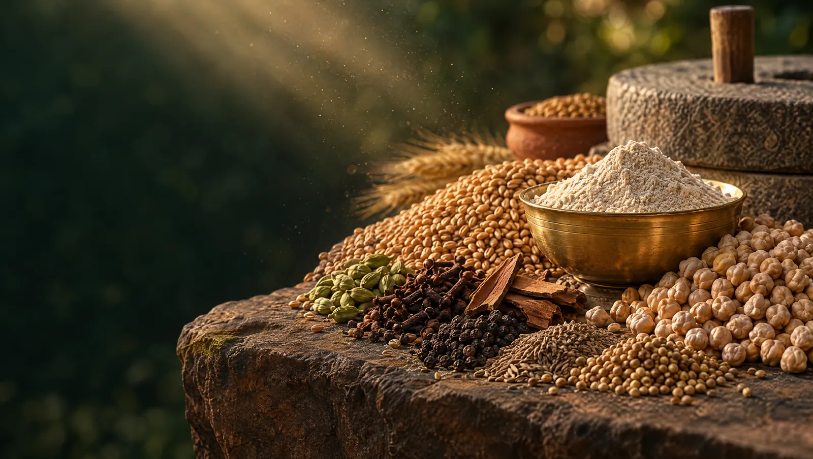 Whole wheat, chickpeas, cardamom, cloves, cinnamon and peppercorns on a sandstone slab beside a brass bowl of flour, in warm evening light.