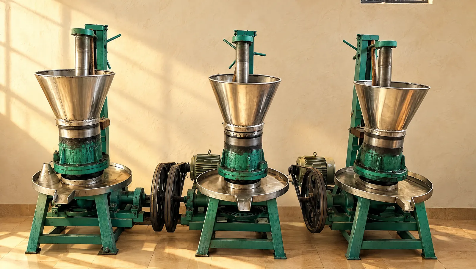 A row of three oil machines in the SHRI JI FOODS unit.