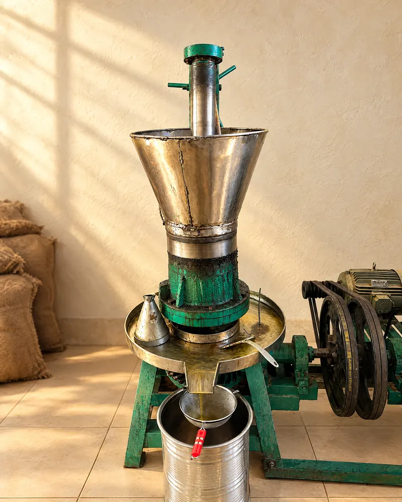 An oil machine in the SHRI JI FOODS unit: a green frame with a vertical shaft, a large steel cone and a round collection tray.