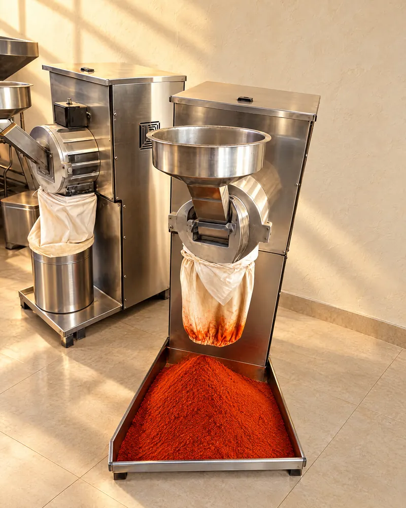 Two stainless-steel spice grinders in the SHRI JI FOODS unit, one with red chilli powder in its collection tray.