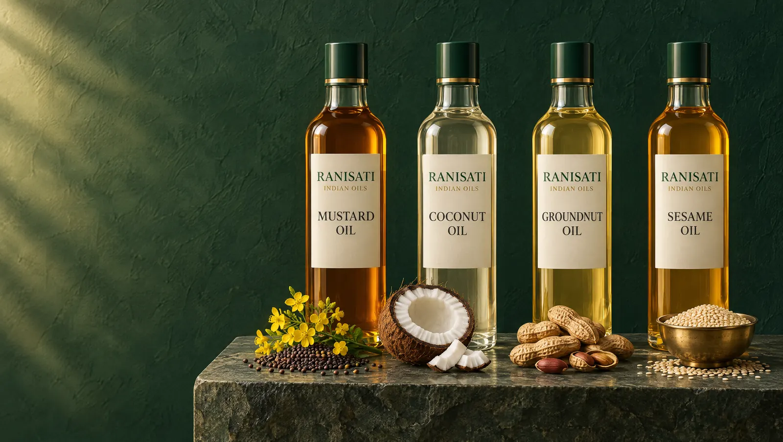 Concept RANISATI bottles — Mustard, Coconut, Groundnut and Sesame Oil — on a stone ledge with mustard flowers, a split coconut, groundnuts and sesame seeds.
