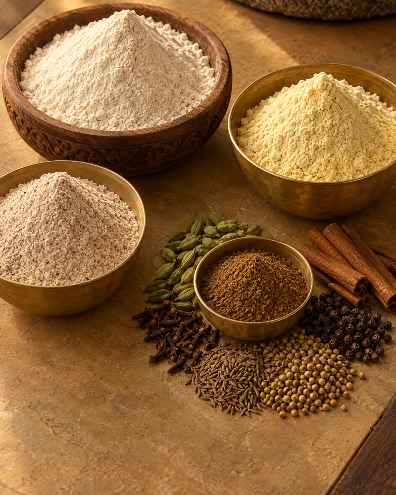 Bowls of atta, besan and multigrain flour beside ground garam masala and whole spices.