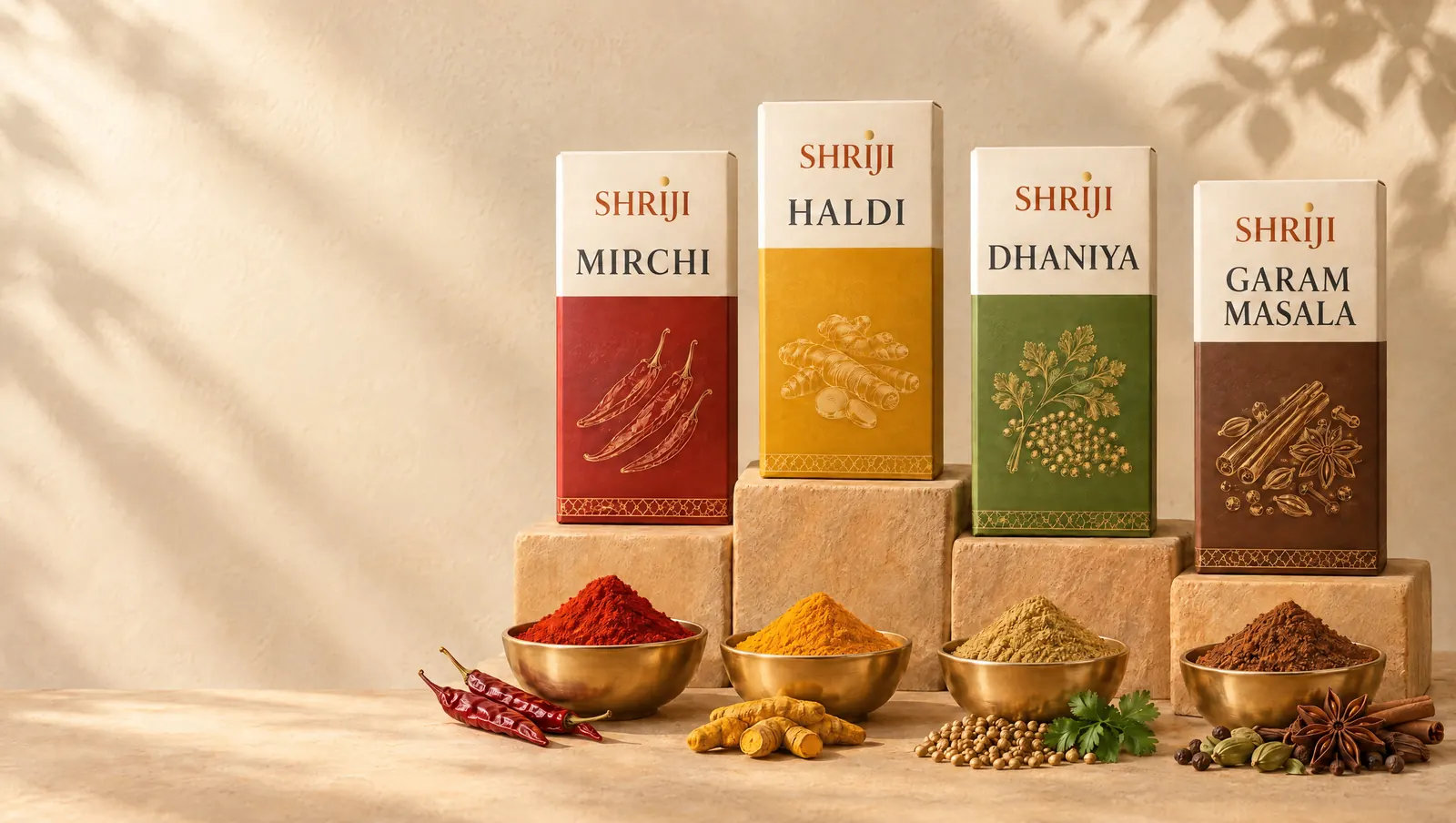 Concept SHRIJI spice cartons — Mirchi, Haldi, Dhaniya and Garam Masala — on sandstone plinths with bowls of chilli, turmeric and coriander powder and whole spices.